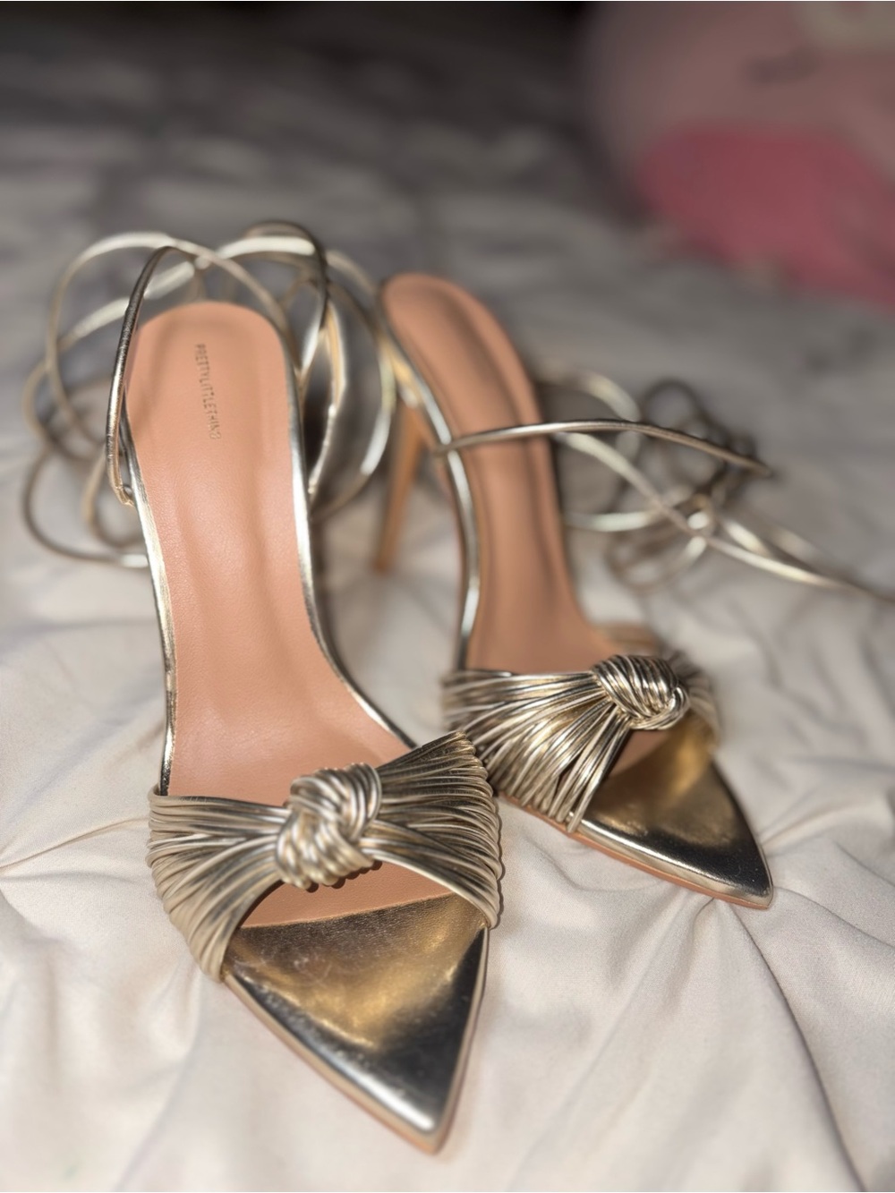 PrettyLittleThing Metallic Gold Knot Front Lace-Up Heels